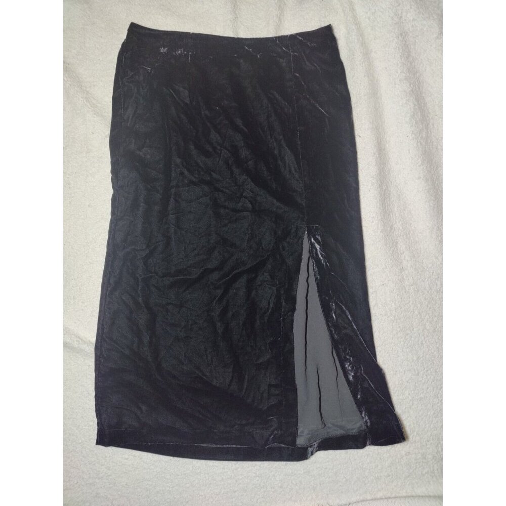 Rachel Zoe Black Straight Velvet Midi Skirt With Side Slit Pull On L‎ NWOT W32"